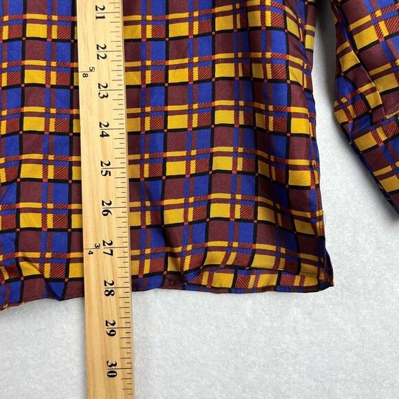 ZARA MULTICOLOR Checked FLOWY FLIP CUFF SILK SHIRT W BEADED NECK Button UP Large - Picture 9 of 10